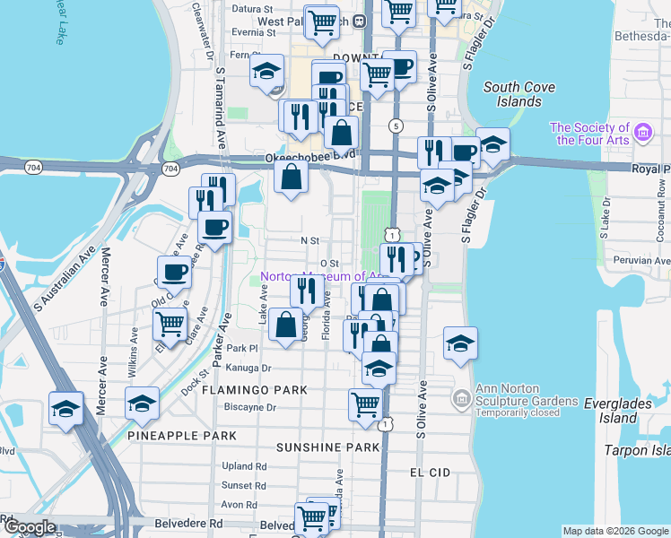map of restaurants, bars, coffee shops, grocery stores, and more near 1304 Florida Avenue in West Palm Beach