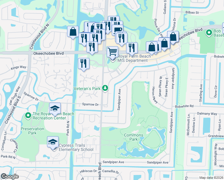 map of restaurants, bars, coffee shops, grocery stores, and more near 345 Sandpiper Avenue in Royal Palm Beach
