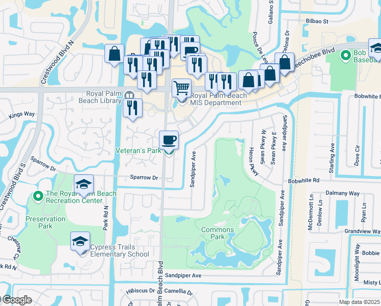 map of restaurants, bars, coffee shops, grocery stores, and more near 345 Sandpiper Avenue in Royal Palm Beach