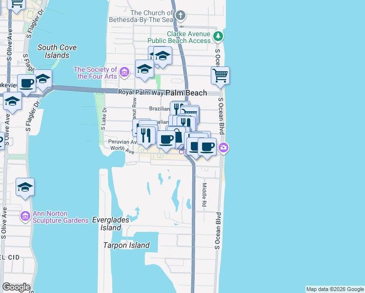 map of restaurants, bars, coffee shops, grocery stores, and more near 400 South County Road in Palm Beach
