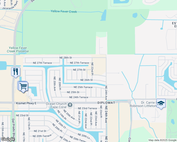 map of restaurants, bars, coffee shops, grocery stores, and more near 2623 Northeast 22nd Avenue in Cape Coral