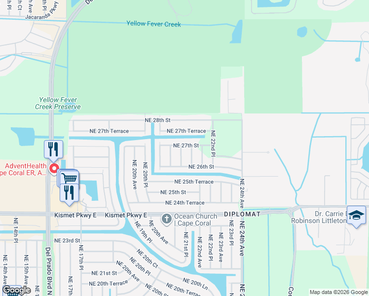 map of restaurants, bars, coffee shops, grocery stores, and more near 2623 Northeast 21st Place in Cape Coral