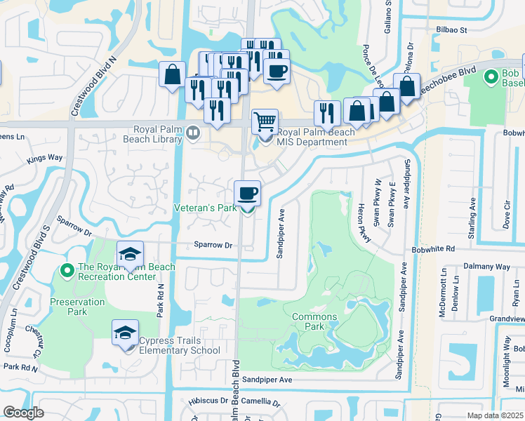 map of restaurants, bars, coffee shops, grocery stores, and more near 345 Sandpiper Avenue in Royal Palm Beach