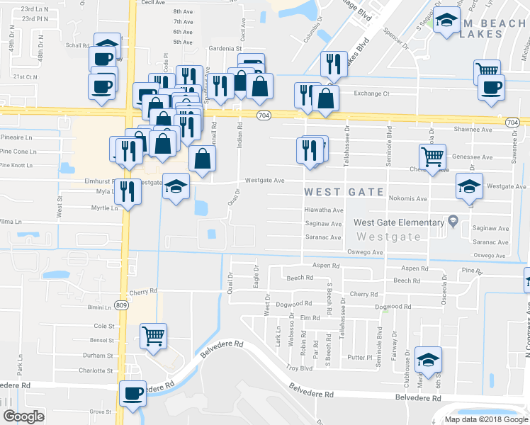 map of restaurants, bars, coffee shops, grocery stores, and more near 2952 Hiawatha Avenue in West Palm Beach