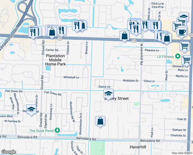 map of restaurants, bars, coffee shops, grocery stores, and more near 5451 Mobilaire Drive in West Palm Beach