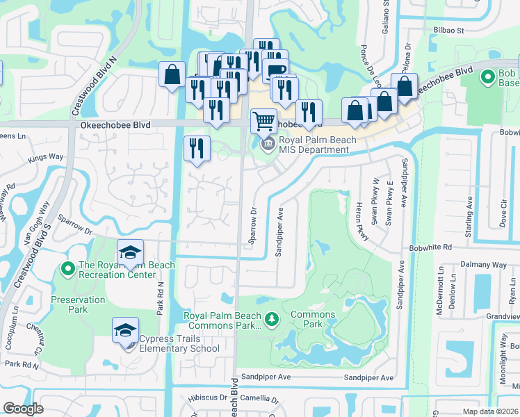 map of restaurants, bars, coffee shops, grocery stores, and more near 126 Sparrow Drive in Royal Palm Beach