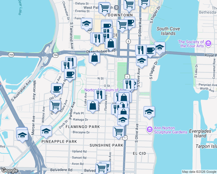 map of restaurants, bars, coffee shops, grocery stores, and more near 1302 Florida Avenue in West Palm Beach