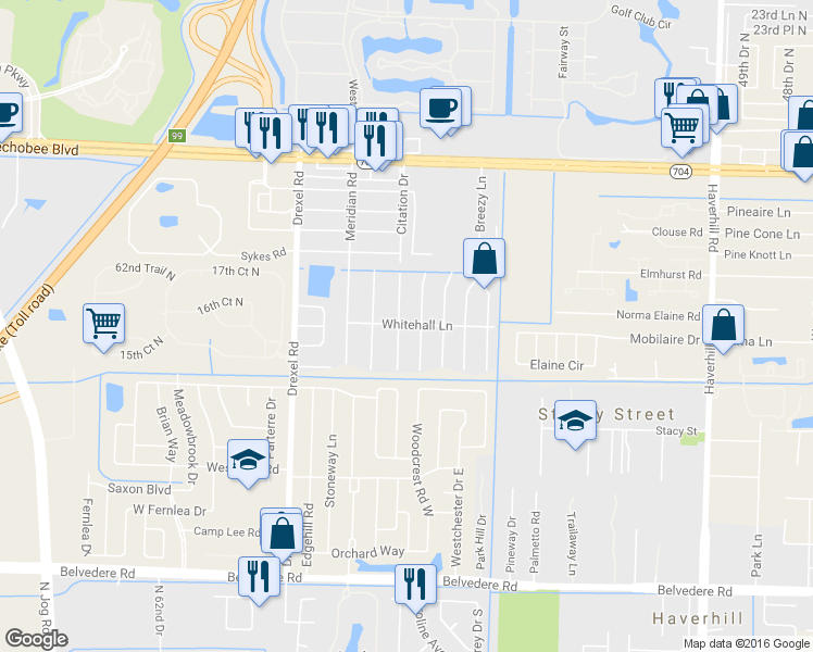map of restaurants, bars, coffee shops, grocery stores, and more near 5734 Whitehall Lane in West Palm Beach