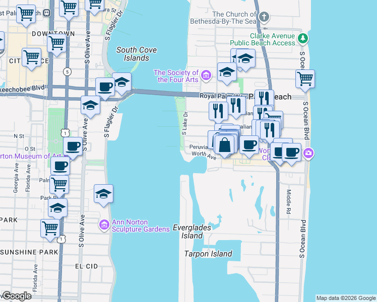 map of restaurants, bars, coffee shops, grocery stores, and more near 455 Worth Avenue in Palm Beach