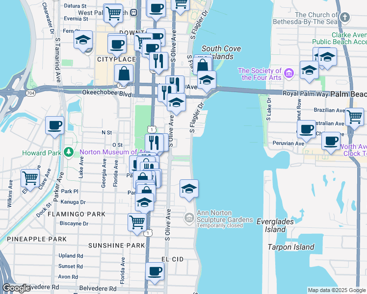 map of restaurants, bars, coffee shops, grocery stores, and more near 1315 South Flagler Drive in West Palm Beach