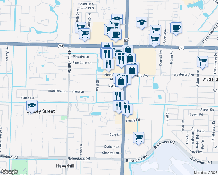 map of restaurants, bars, coffee shops, grocery stores, and more near 4632 Myrtle Lane in West Palm Beach