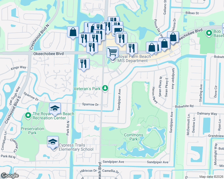 map of restaurants, bars, coffee shops, grocery stores, and more near 345 Sandpiper Avenue in Royal Palm Beach