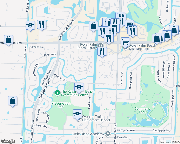 map of restaurants, bars, coffee shops, grocery stores, and more near 489 Lynbrook Court in Royal Palm Beach