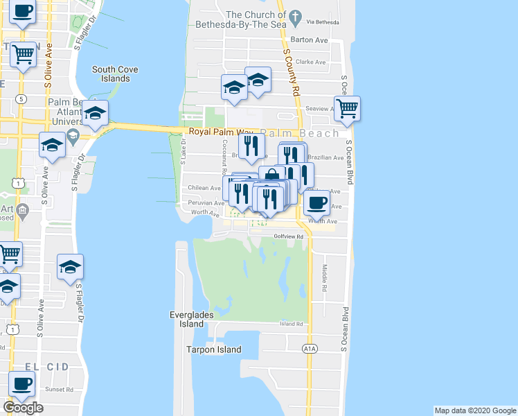 map of restaurants, bars, coffee shops, grocery stores, and more near 404 Hibiscus Avenue in Palm Beach