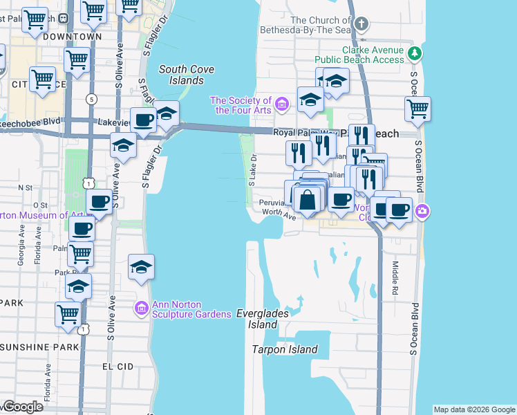 map of restaurants, bars, coffee shops, grocery stores, and more near 455 Worth Avenue in Palm Beach