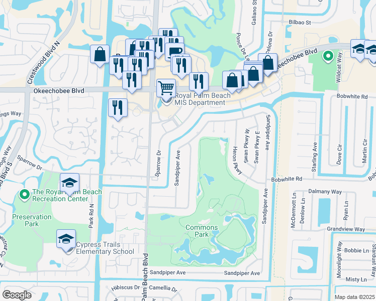 map of restaurants, bars, coffee shops, grocery stores, and more near 155 Meadowlark Drive in Royal Palm Beach