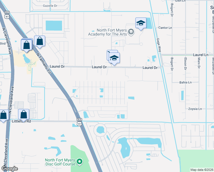 map of restaurants, bars, coffee shops, grocery stores, and more near 734 Leisure Lane in North Fort Myers