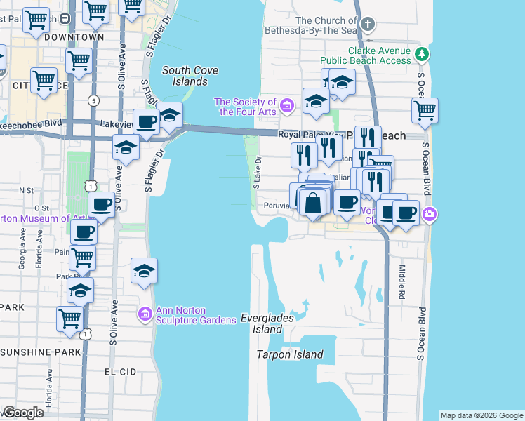 map of restaurants, bars, coffee shops, grocery stores, and more near 455 Worth Avenue in Palm Beach
