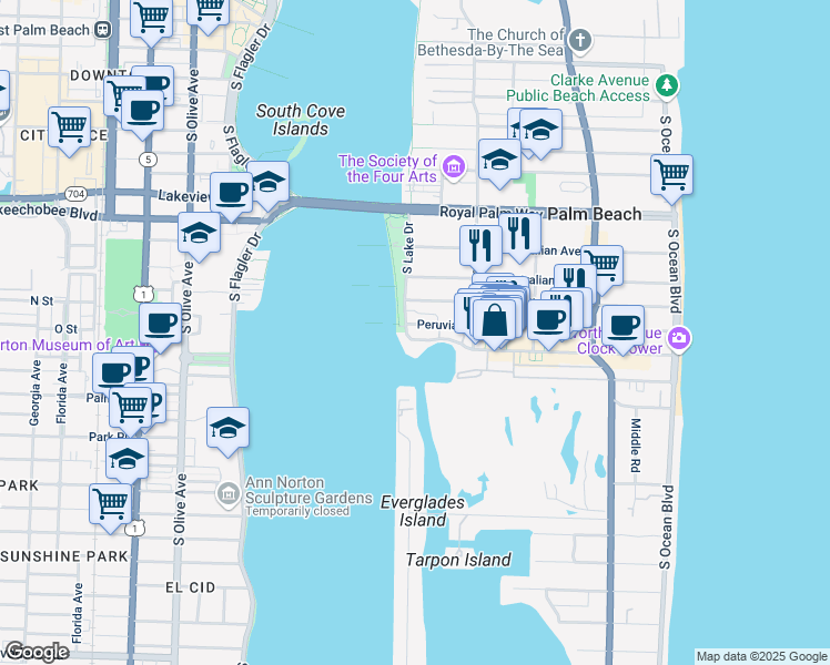 map of restaurants, bars, coffee shops, grocery stores, and more near 455 Worth Avenue in Palm Beach