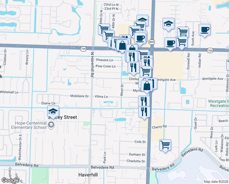 map of restaurants, bars, coffee shops, grocery stores, and more near 4808 Elmhurst Road in West Palm Beach