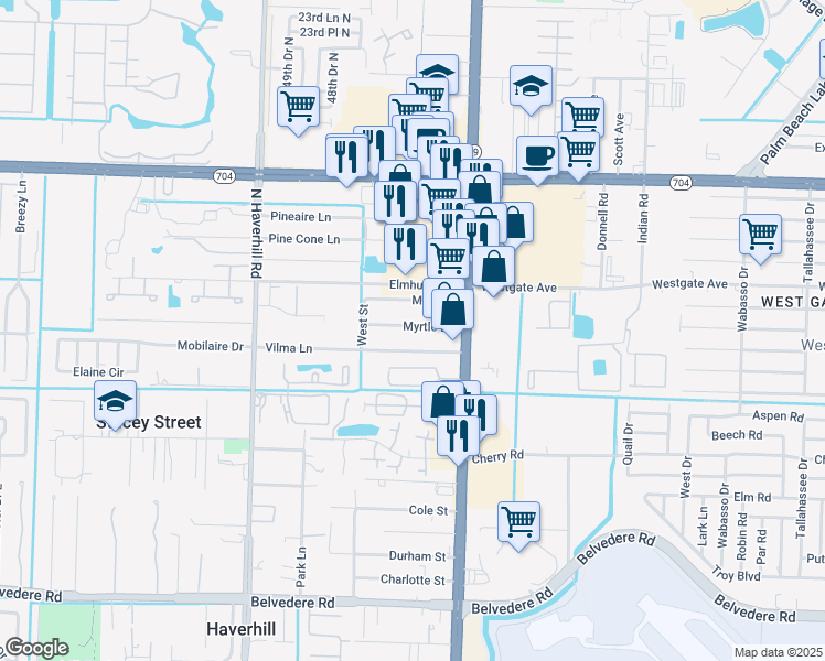 map of restaurants, bars, coffee shops, grocery stores, and more near 4632 Myrtle Lane in West Palm Beach