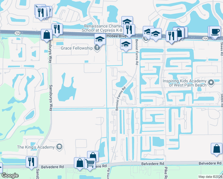map of restaurants, bars, coffee shops, grocery stores, and more near 1521 Windorah Way in Royal Palm Beach