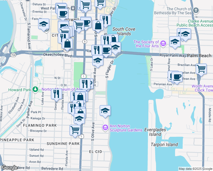 map of restaurants, bars, coffee shops, grocery stores, and more near 1315 South Flagler Drive in West Palm Beach