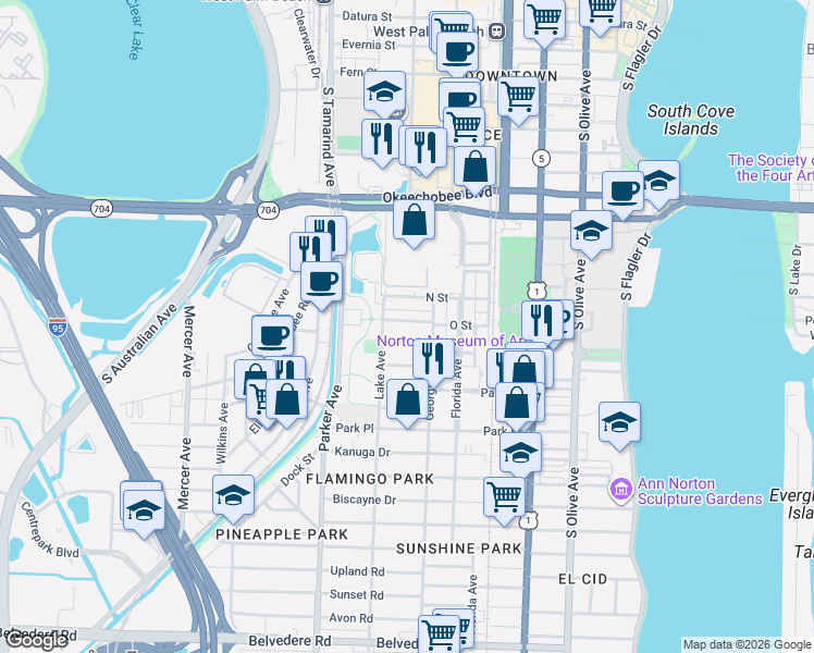map of restaurants, bars, coffee shops, grocery stores, and more near 738 Newark Street in West Palm Beach
