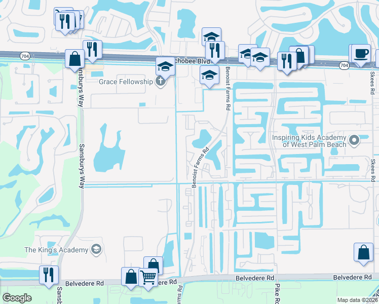 map of restaurants, bars, coffee shops, grocery stores, and more near 1521 Windorah Way in Royal Palm Beach