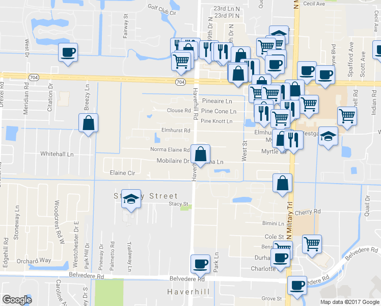 map of restaurants, bars, coffee shops, grocery stores, and more near 5020 Norma Elaine Road in West Palm Beach