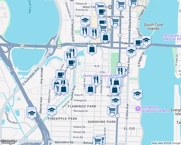 map of restaurants, bars, coffee shops, grocery stores, and more near 738 Newark Street in West Palm Beach