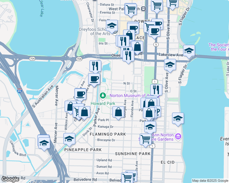 map of restaurants, bars, coffee shops, grocery stores, and more near 738 Newark St in West Palm Beach