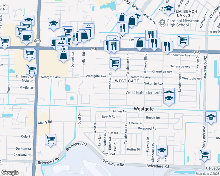 map of restaurants, bars, coffee shops, grocery stores, and more near 3826 Hiawatha Avenue in West Palm Beach