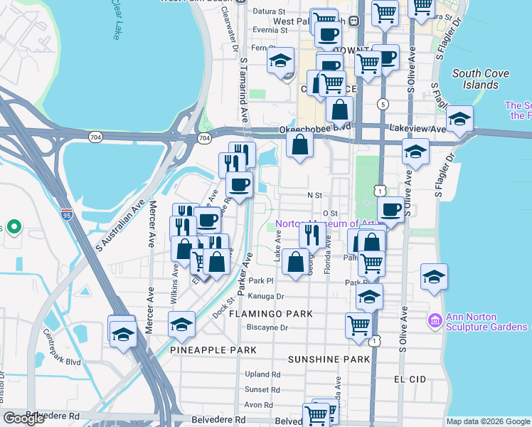 map of restaurants, bars, coffee shops, grocery stores, and more near 1001 Parker Avenue in West Palm Beach