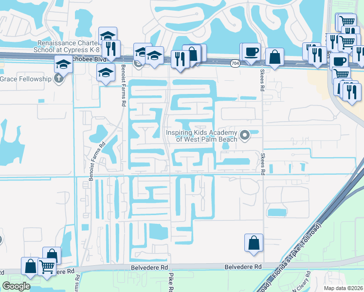 map of restaurants, bars, coffee shops, grocery stores, and more near 172 Lake Frances Drive in Royal Palm Beach