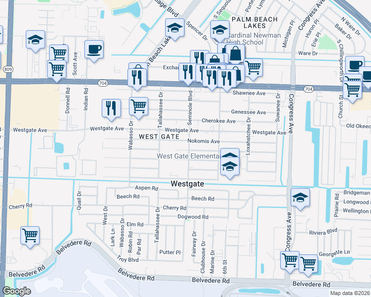 map of restaurants, bars, coffee shops, grocery stores, and more near 1507 Seminole Boulevard in West Palm Beach