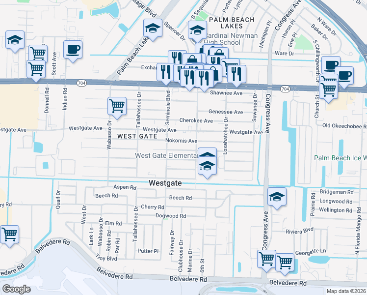 map of restaurants, bars, coffee shops, grocery stores, and more near 3455 Hiawatha Avenue in West Palm Beach
