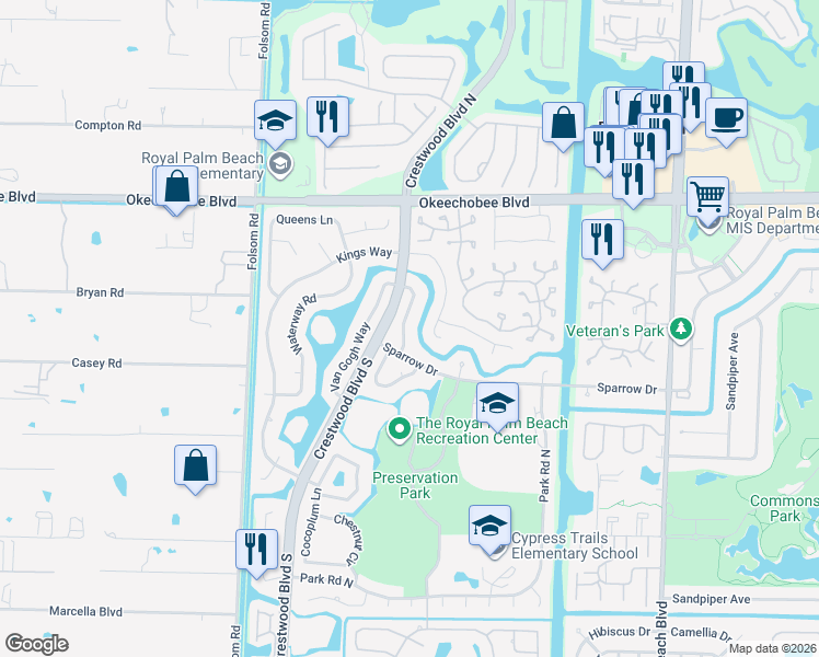 map of restaurants, bars, coffee shops, grocery stores, and more near 104 Cambridge Lane in Royal Palm Beach