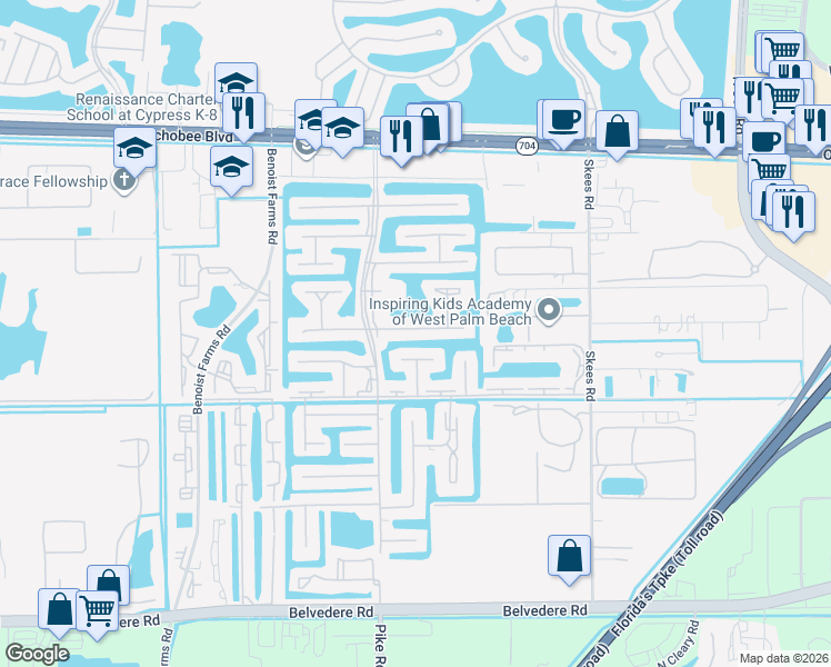 map of restaurants, bars, coffee shops, grocery stores, and more near 172 Lake Frances Drive in Royal Palm Beach