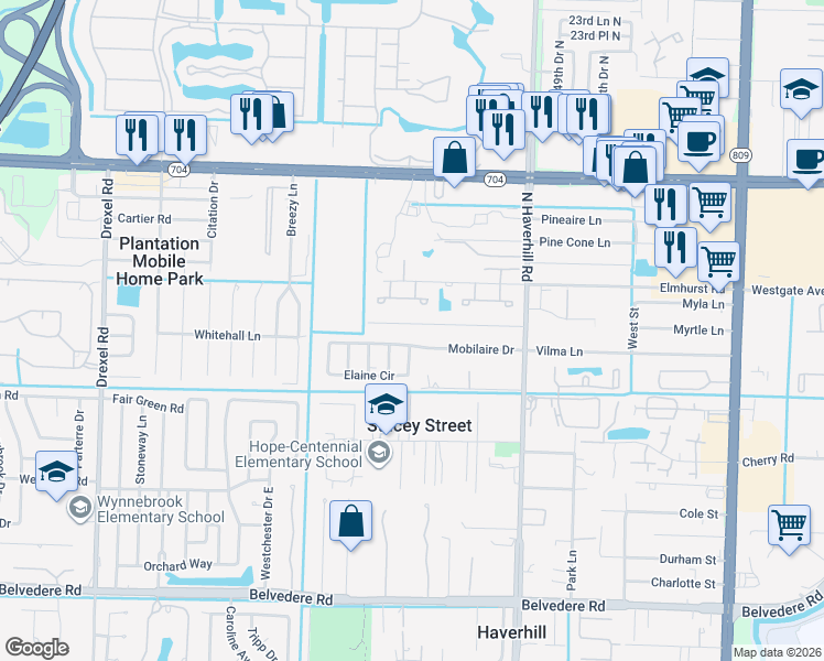 map of restaurants, bars, coffee shops, grocery stores, and more near 5264 Norma Elaine Road in West Palm Beach