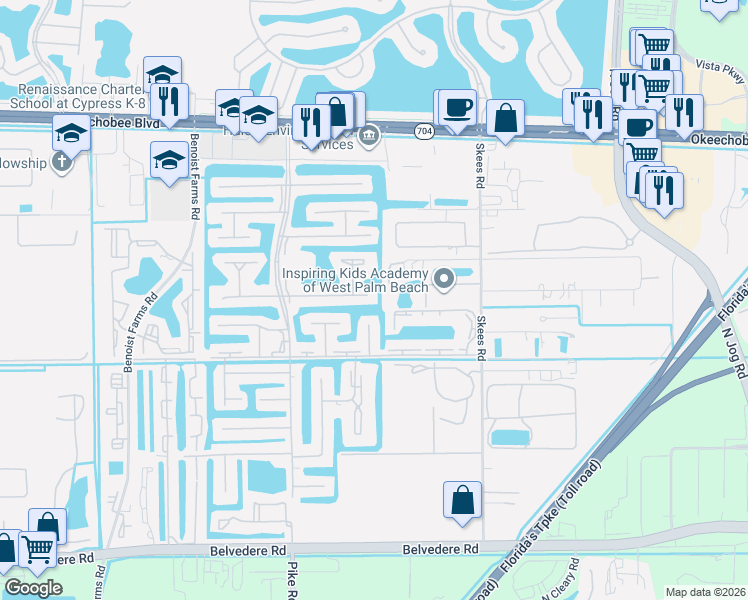 map of restaurants, bars, coffee shops, grocery stores, and more near 222 Lake Frances Drive in West Palm Beach