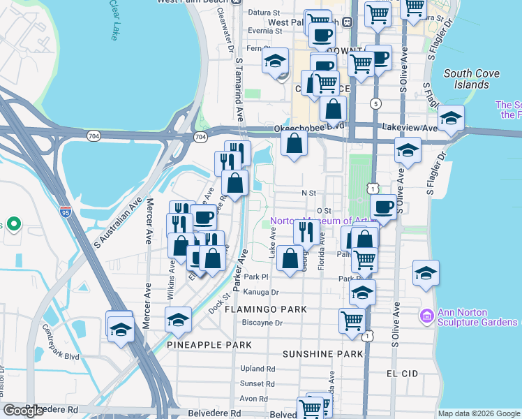 map of restaurants, bars, coffee shops, grocery stores, and more near 1001-1699 Parker Ave in West Palm Beach