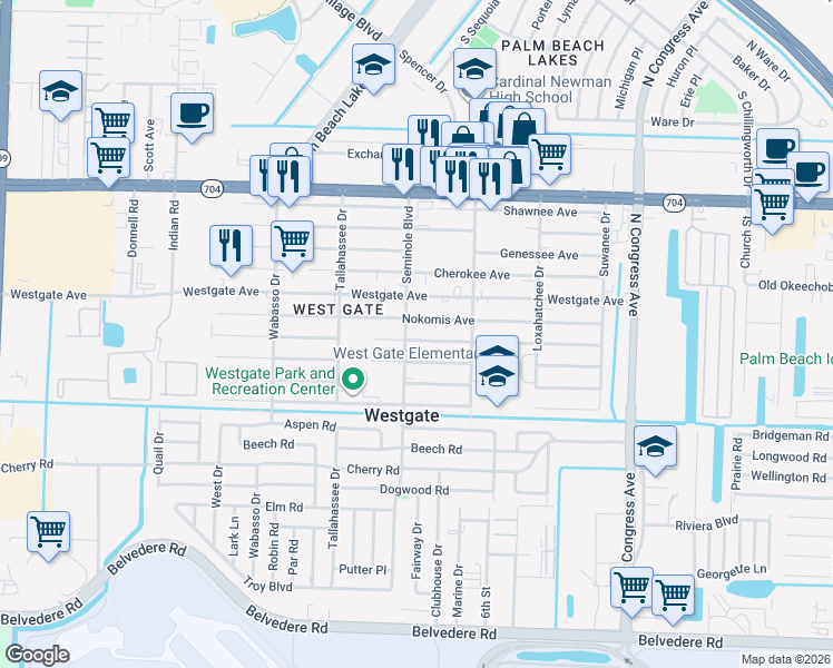 map of restaurants, bars, coffee shops, grocery stores, and more near 1507 Seminole Boulevard in West Palm Beach