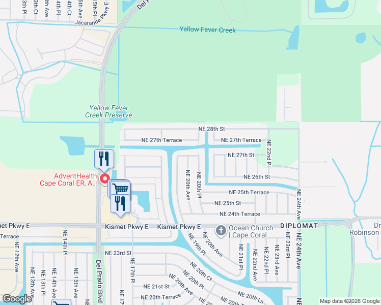 map of restaurants, bars, coffee shops, grocery stores, and more near 2626 Northeast 20th Avenue in Cape Coral