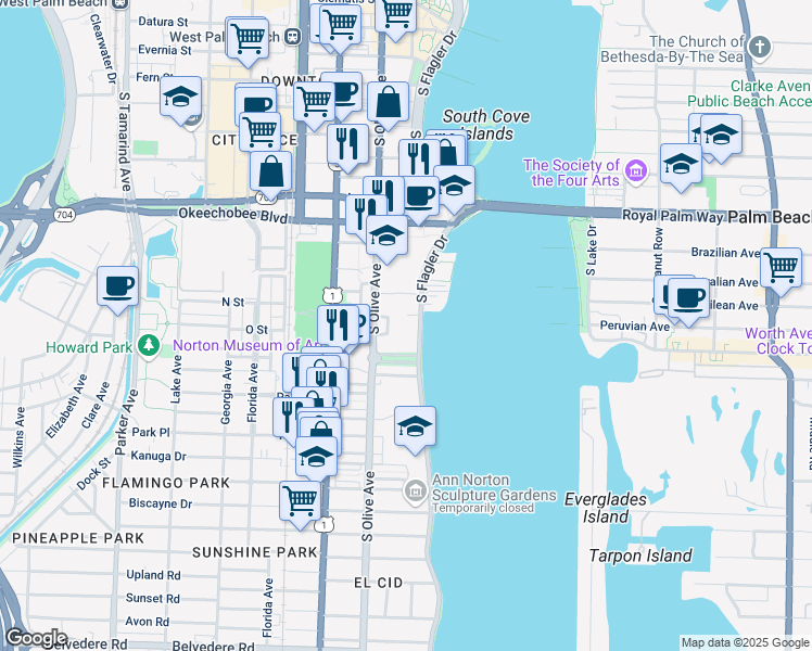 map of restaurants, bars, coffee shops, grocery stores, and more near 1315 South Flagler Drive in West Palm Beach