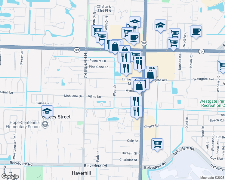 map of restaurants, bars, coffee shops, grocery stores, and more near 4720 Myrtle Lane in West Palm Beach