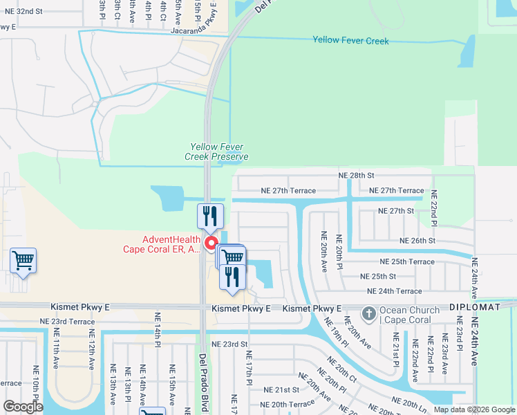 map of restaurants, bars, coffee shops, grocery stores, and more near 1710 Northeast 27th Street in Cape Coral