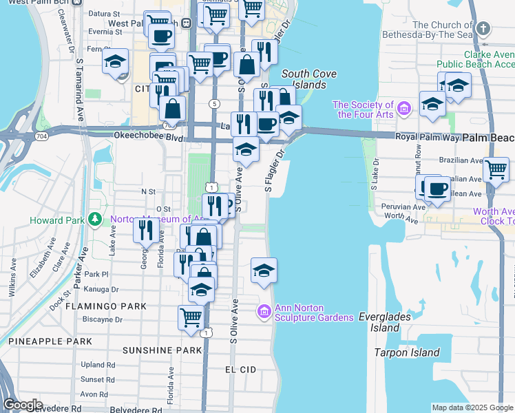 map of restaurants, bars, coffee shops, grocery stores, and more near 1315 South Flagler Drive in West Palm Beach
