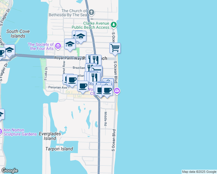 map of restaurants, bars, coffee shops, grocery stores, and more near 122 Peruvian Avenue in Palm Beach