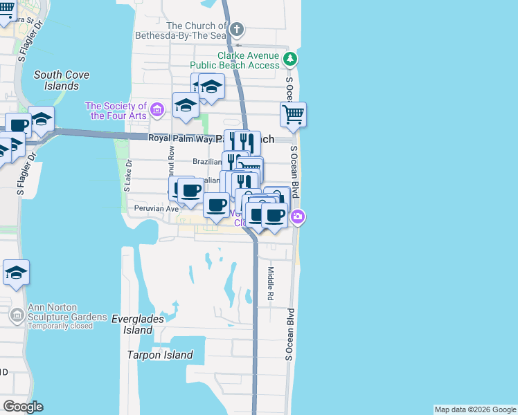 map of restaurants, bars, coffee shops, grocery stores, and more near 156 Peruvian Avenue in Palm Beach
